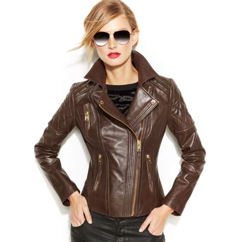 michael kors dark brown short leather jacket|Michael Kors leather motorcycle jacket.